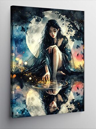 Kanvas Tablo Göl Kadın Ve Dolunay