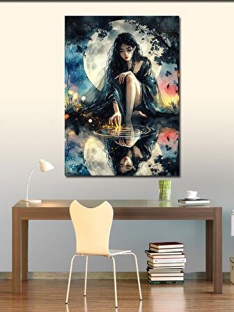 Kanvas Tablo Göl Kadın Ve Dolunay