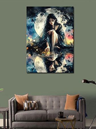 Kanvas Tablo Göl Kadın Ve Dolunay