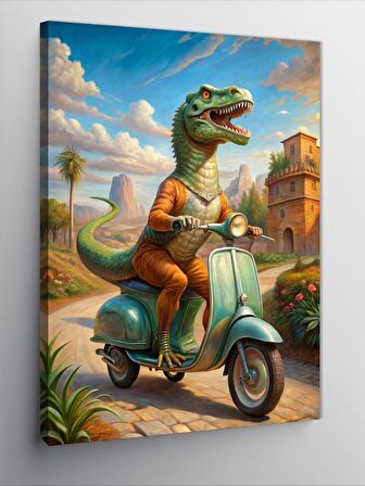 Kanvas Tablo Motosiklet Kullanan Dinozor
