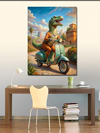 Kanvas Tablo Motosiklet Kullanan Dinozor