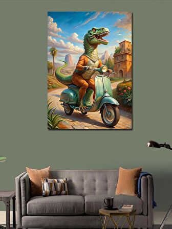 Kanvas Tablo Motosiklet Kullanan Dinozor