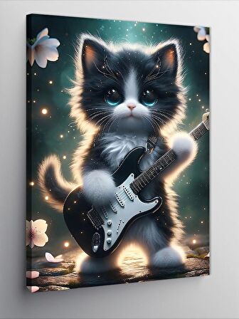 Kanvas Tablo Elektro Gitar Kullanan Yavru Kedi