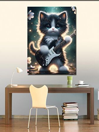 Kanvas Tablo Elektro Gitar Kullanan Yavru Kedi