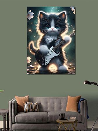 Kanvas Tablo Elektro Gitar Kullanan Yavru Kedi