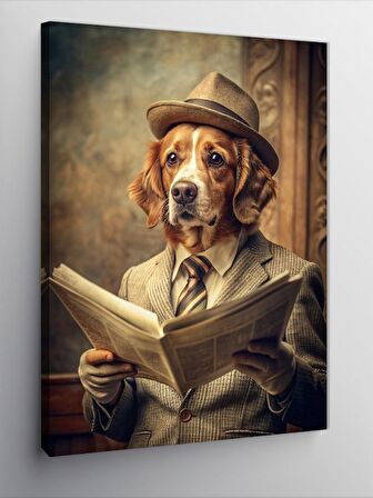Kanvas Tablo Retro Gazete Okuyan Köpek