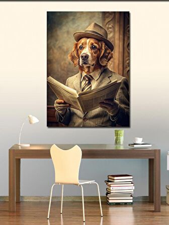 Kanvas Tablo Retro Gazete Okuyan Köpek