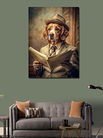 Kanvas Tablo Retro Gazete Okuyan Köpek