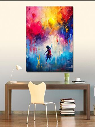 Kanvas Tablo Sarı Uçan Balon Ve Çocuk