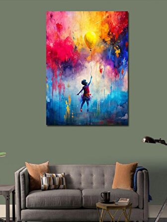 Kanvas Tablo Sarı Uçan Balon Ve Çocuk
