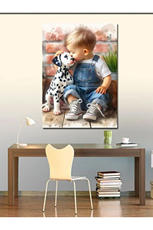 Kanvas Tablo Yavru Köpek Ve Bebek