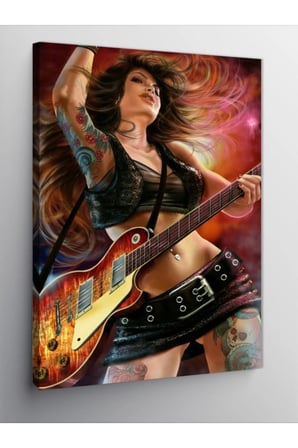 Kanvas Tablo Elektro Gitar Çalan Kadın