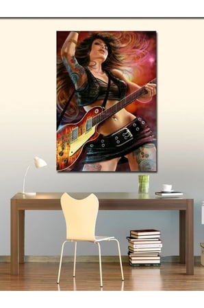 Kanvas Tablo Elektro Gitar Çalan Kadın