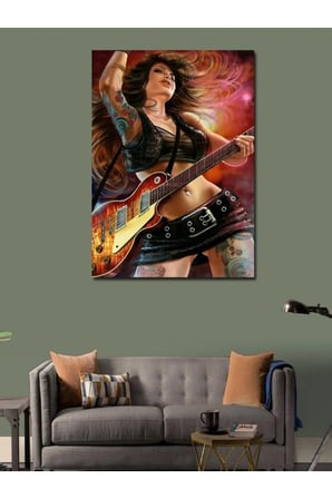 Kanvas Tablo Elektro Gitar Çalan Kadın