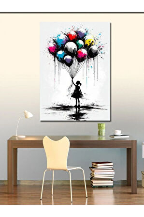 Kanvas Tablo Renkli Uçan Balonlu Kız Çocuğu