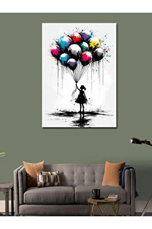 Kanvas Tablo Renkli Uçan Balonlu Kız Çocuğu