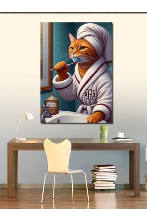 Kanvas Tablo Dişlerini Fırçalayan Sarı Kedi
