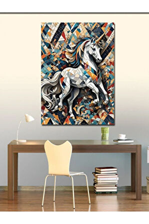 Kanvas Tablo Boynuzlu Beyaz At Ve Desenler