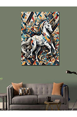 Kanvas Tablo Boynuzlu Beyaz At Ve Desenler