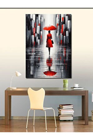 Kanvas Tablo Yağmurlu Şehirde Kırmızı Şemsiye