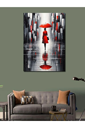 Kanvas Tablo Yağmurlu Şehirde Kırmızı Şemsiye