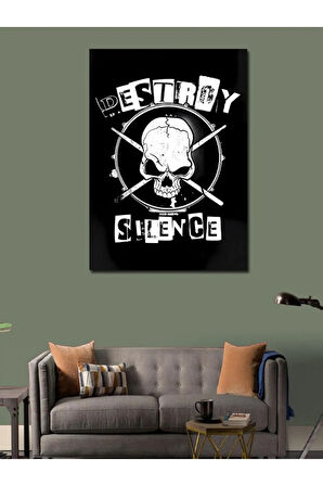 Kanvas Tablo Kafatası Ve "Destroy Silence" Yazısı