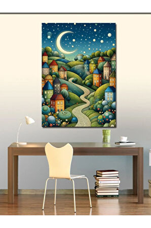 Kanvas Tablo Ay Işığı Altında Köy