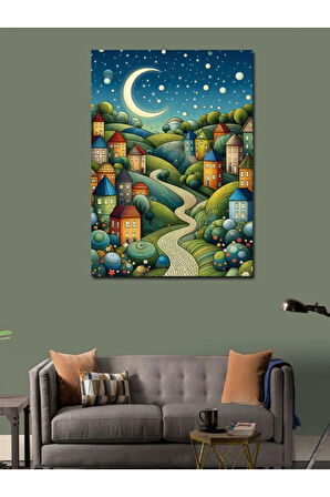 Kanvas Tablo Ay Işığı Altında Köy