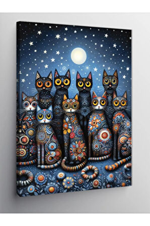 Kanvas Tablo Gece Mavisi Kedi Ailesi