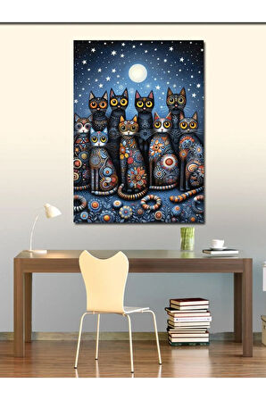 Kanvas Tablo Gece Mavisi Kedi Ailesi