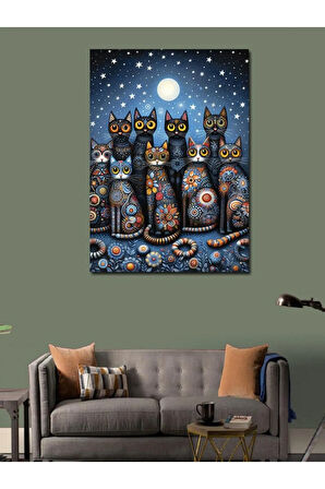 Kanvas Tablo Gece Mavisi Kedi Ailesi