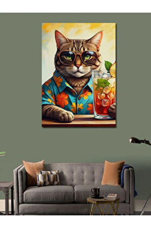 Kanvas Tablo Kokteyl İçen Kedi
