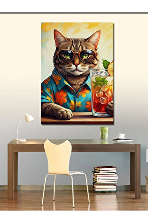 Kanvas Tablo Kokteyl İçen Kedi