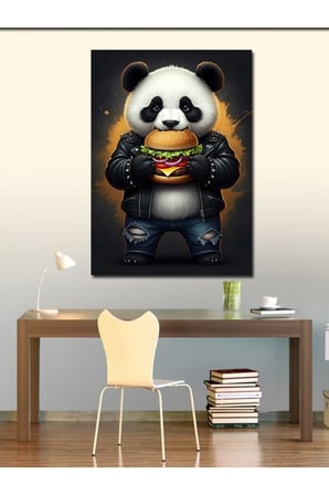 Kanvas Tablo Hamburger Yiyen Panda