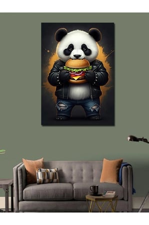 Kanvas Tablo Hamburger Yiyen Panda