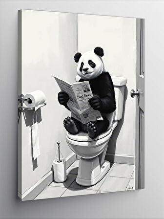 Kanvas Tablo Tuvalette Gazete Okuyan Panda
