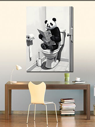 Kanvas Tablo Tuvalette Gazete Okuyan Panda