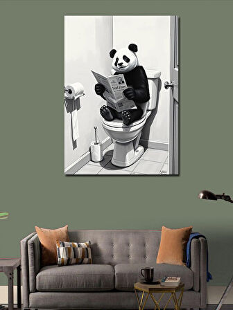 Kanvas Tablo Tuvalette Gazete Okuyan Panda