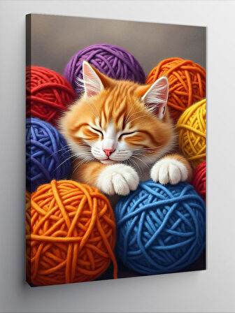 Kanvas Tablo İp Yumağında Yatan Kedi