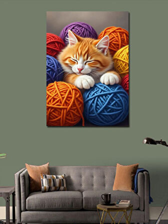 Kanvas Tablo İp Yumağında Yatan Kedi