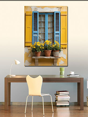 Kanvas Tablo Mavi Pencere Ve Saksılar