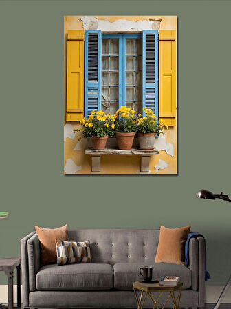 Kanvas Tablo Mavi Pencere Ve Saksılar