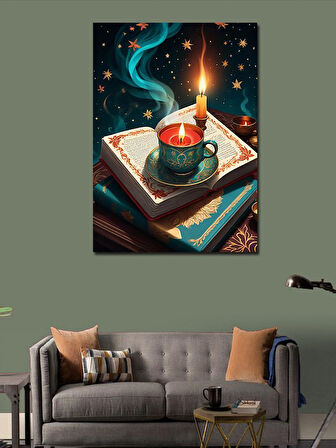 Kanvas Tablo Işıklı Kitap Ve Mum