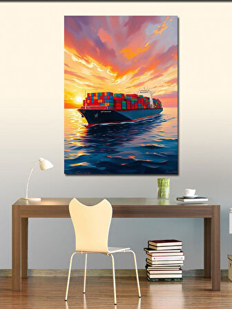 Kanvas Tablo Gün Batımında Yük Gemisi
