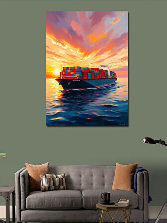 Kanvas Tablo Gün Batımında Yük Gemisi