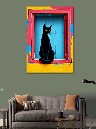 Kanvas Tablo Kırmızı Çerçevede Siyah Kedi