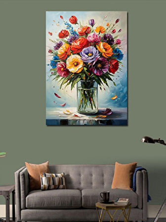 Kanvas Tablo Cam Vazoda Renkli Çiçekler