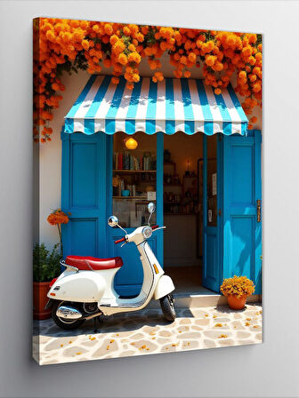 Kanvas Tablo Mavi Scooter Ve Çiçekler