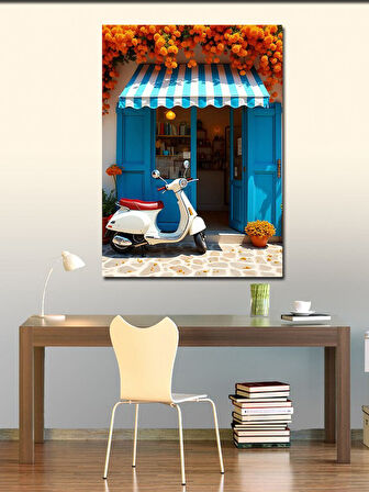 Kanvas Tablo Mavi Scooter Ve Çiçekler