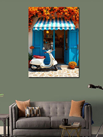 Kanvas Tablo Mavi Scooter Ve Çiçekler